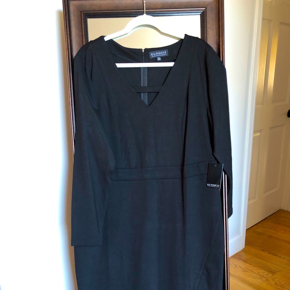 Black long sleeve faux look wrap mid length dress